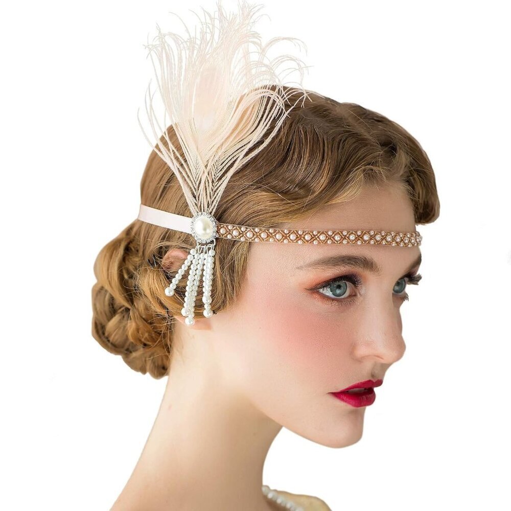 Flapper Headband Pearl Peacock Feather Hair Accessory Vintage Gatsby